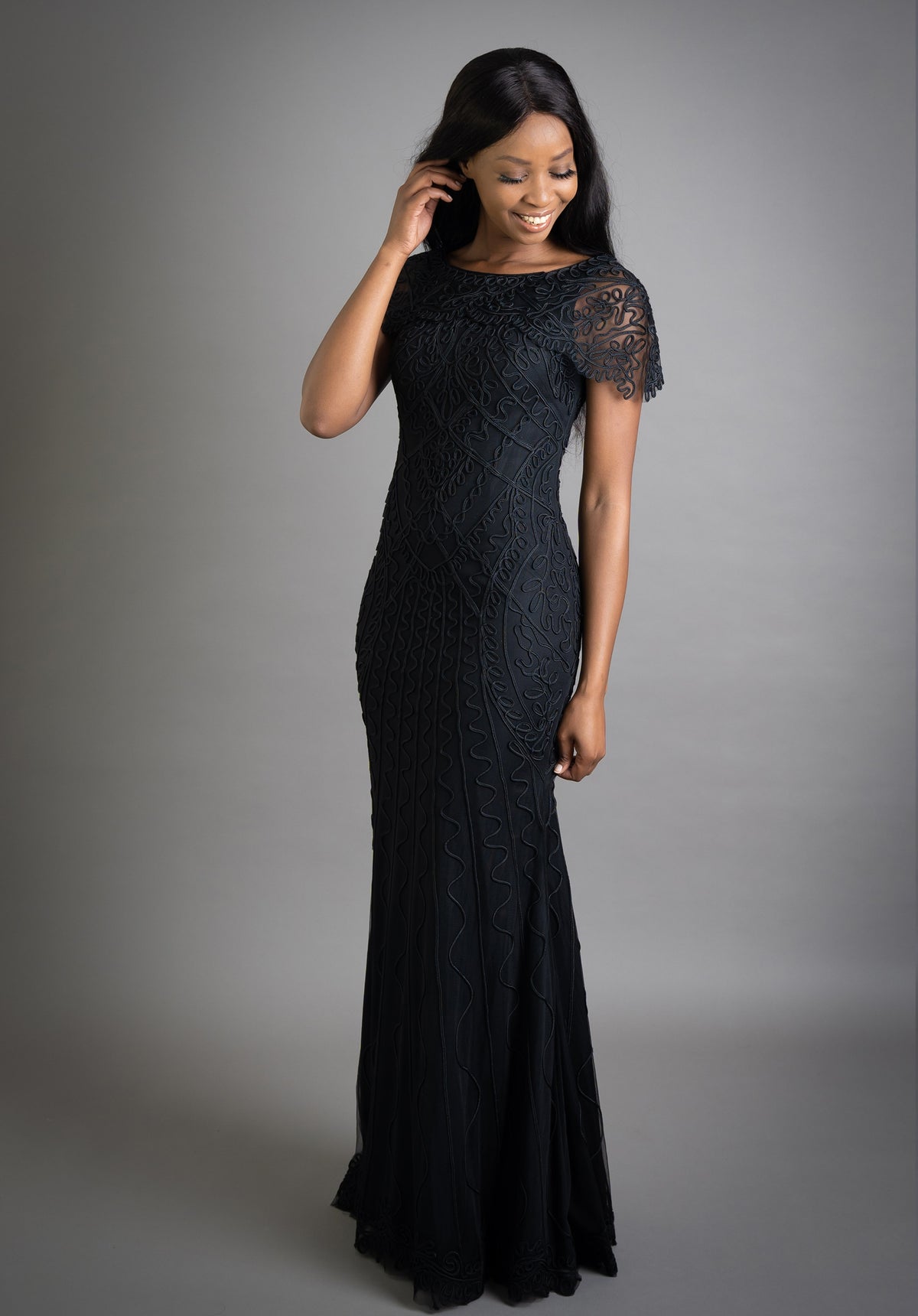 Black Short Sleeve Full Lace Formal Dress