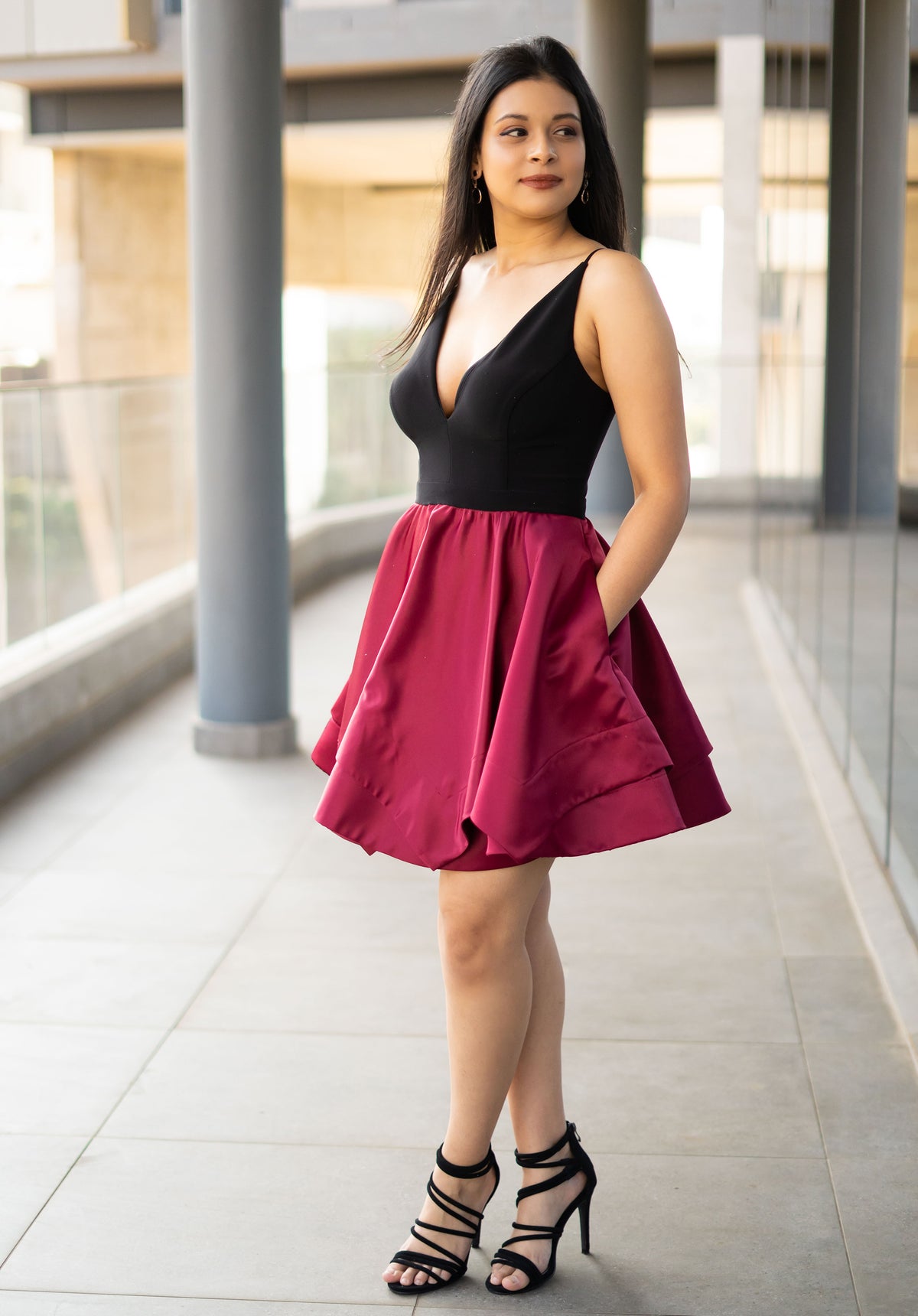 Burgundy Black Fit and Flare Cocktail Dress