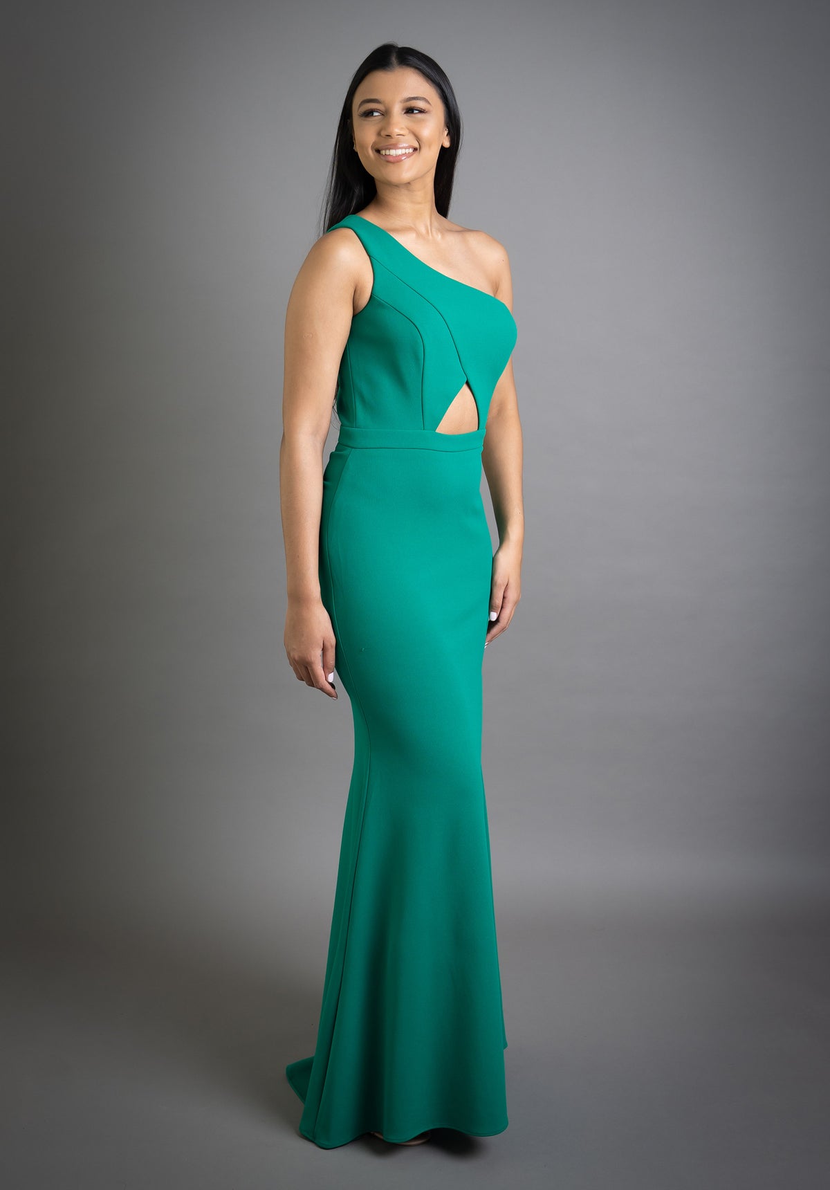 Green One Shoulder Cut-Out Fitted Formal Dress
