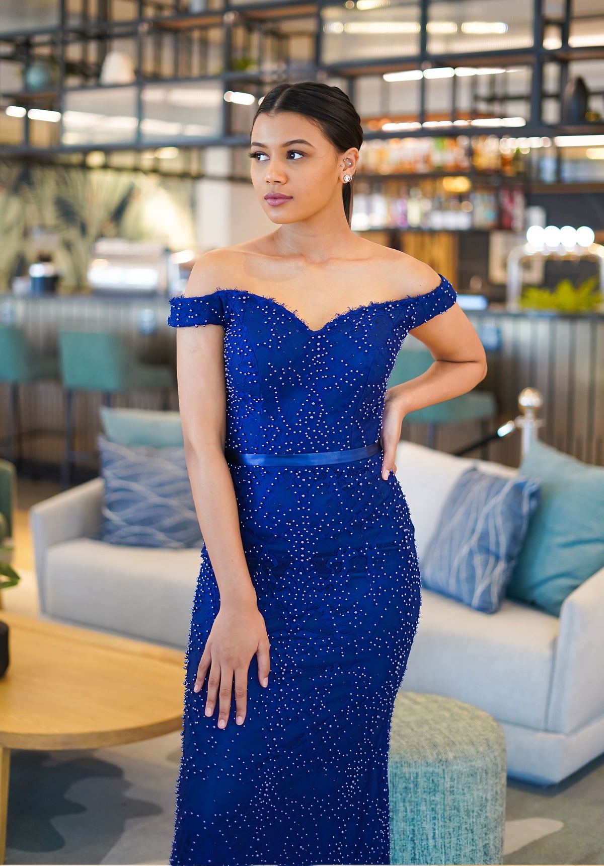 Royal Blue Beaded Lace Full-Length Dress