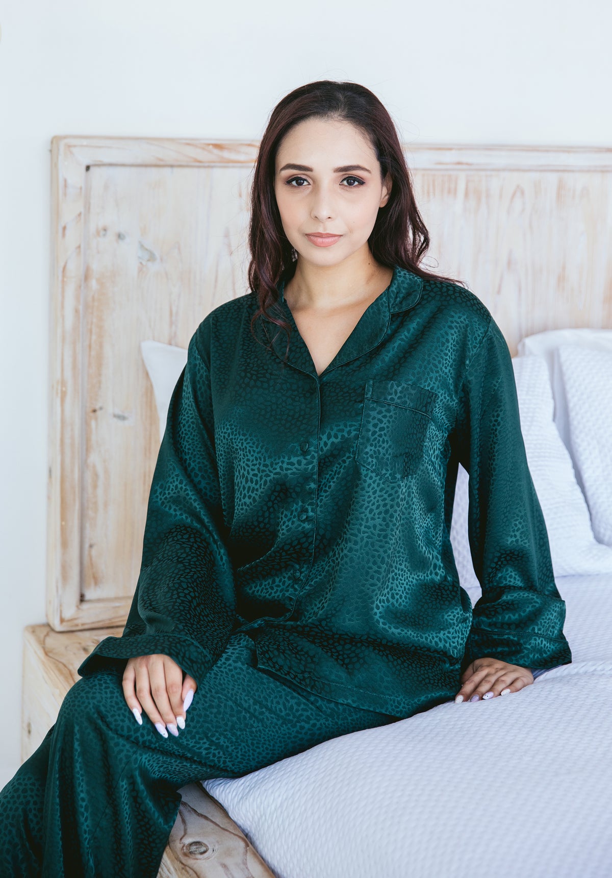 Silky Long Pyjama Set - Emerald Jacquard