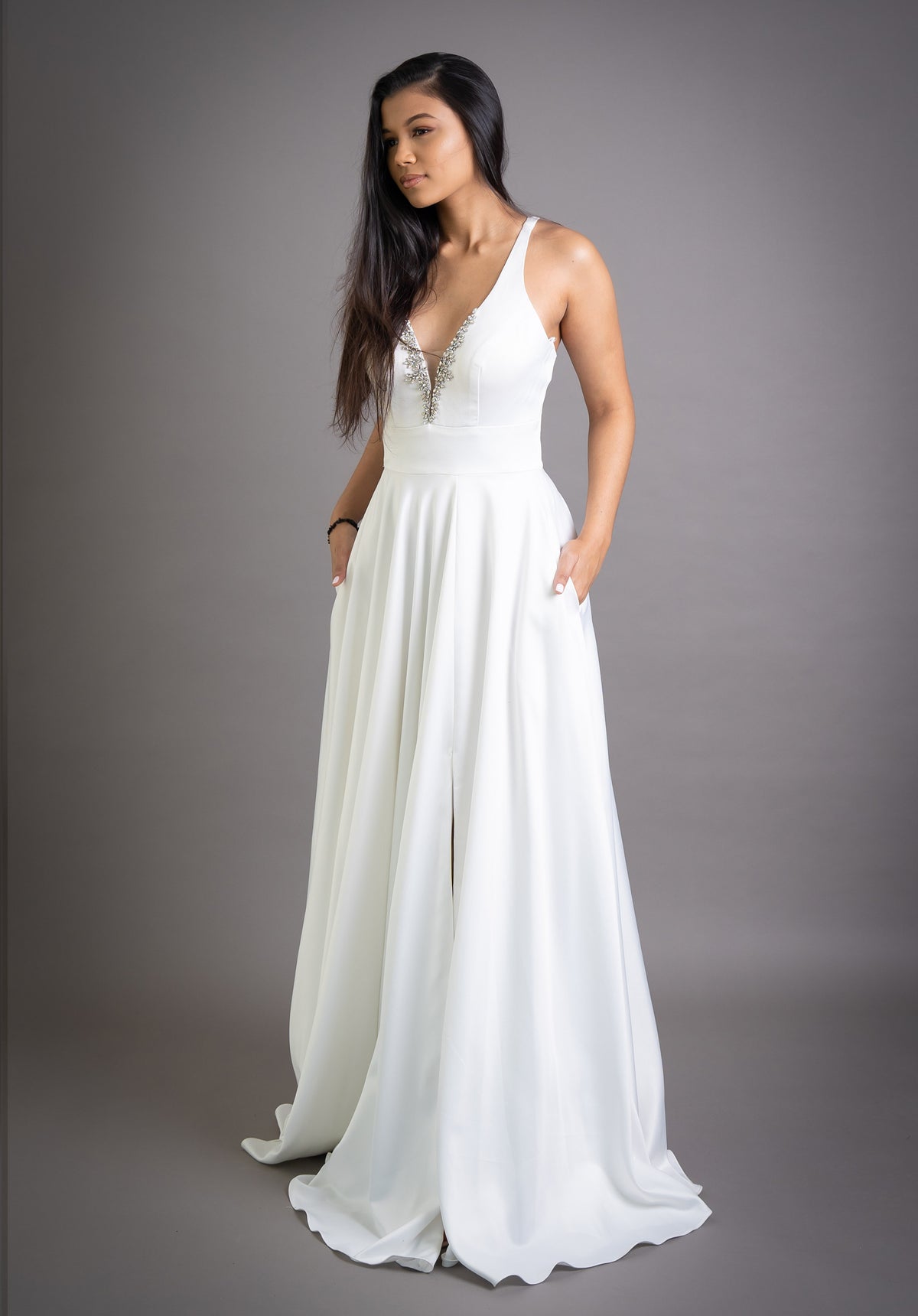 White with Silver Beading Open-Back Evening Dress